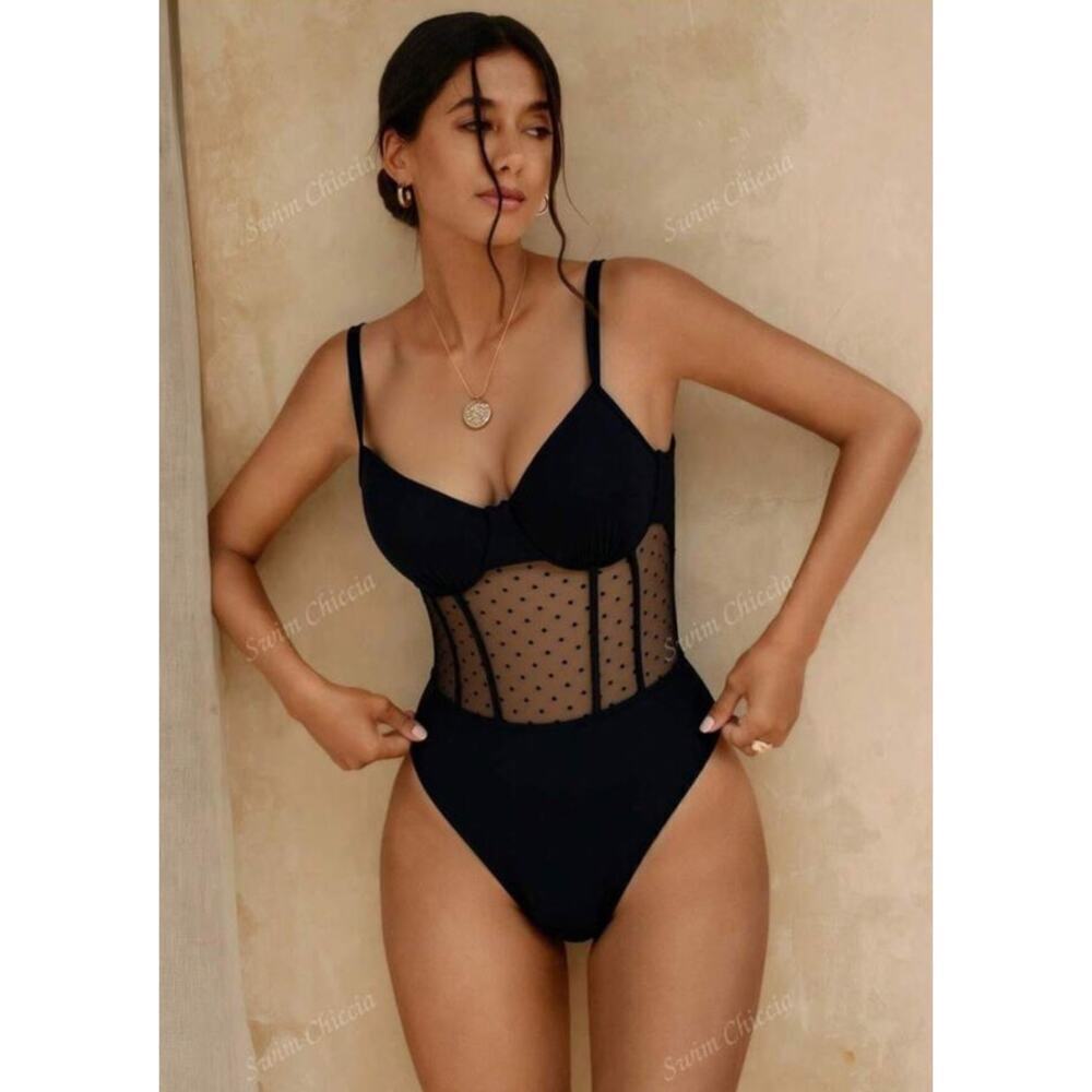 Shein Black Chiccia Beach Contrats Mesh Underwire One-Piece Swimsuit, M